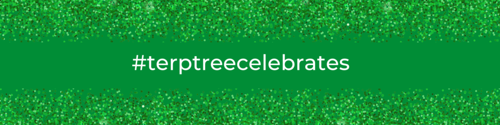 green sparkling background with terptree celebrates text in the middle