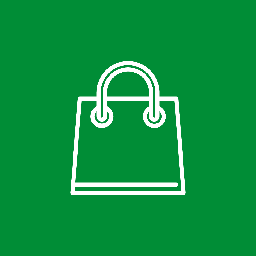 green graphic with white icon of shopping bag